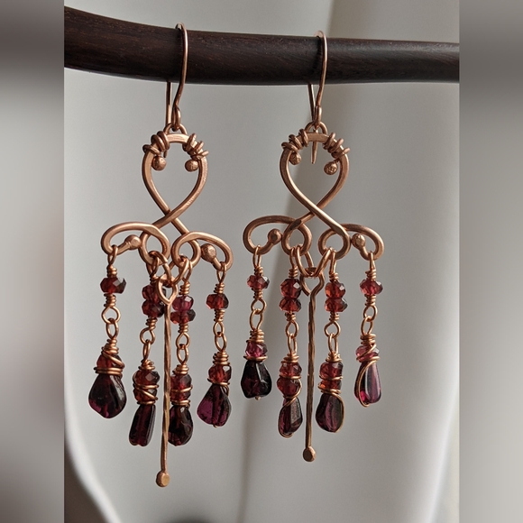 Handmade Garnet Chandelier Earrings Romantic Copper Jewelry - Picture 2 of 13